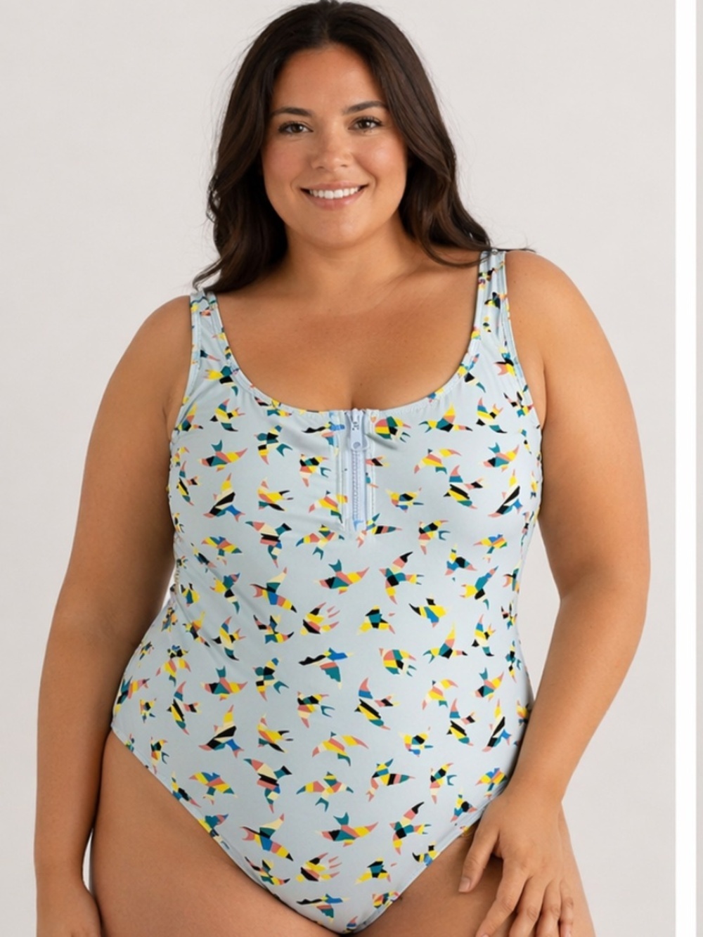 RSVLTS Birds of Play Women’s One-piece Light Blue Patterened Swimsuit 4XL